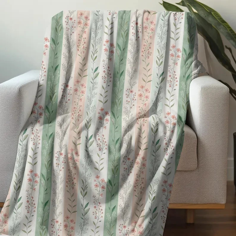 Botanical Floral Stripe Velveteen Plush Blanket Soft Cozy Home Decor
