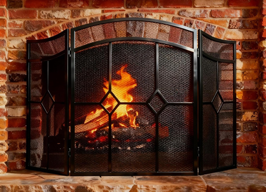 FEED GARDEN 48" Fireplace Screen 3-Panel Foldable Iron Spark Guard Black