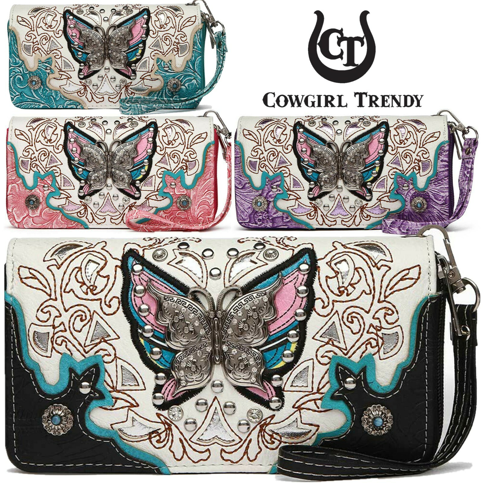 Rhinestone Butterfly Studded Cowgirl Western Style Women Wristlets Clutch Wallet