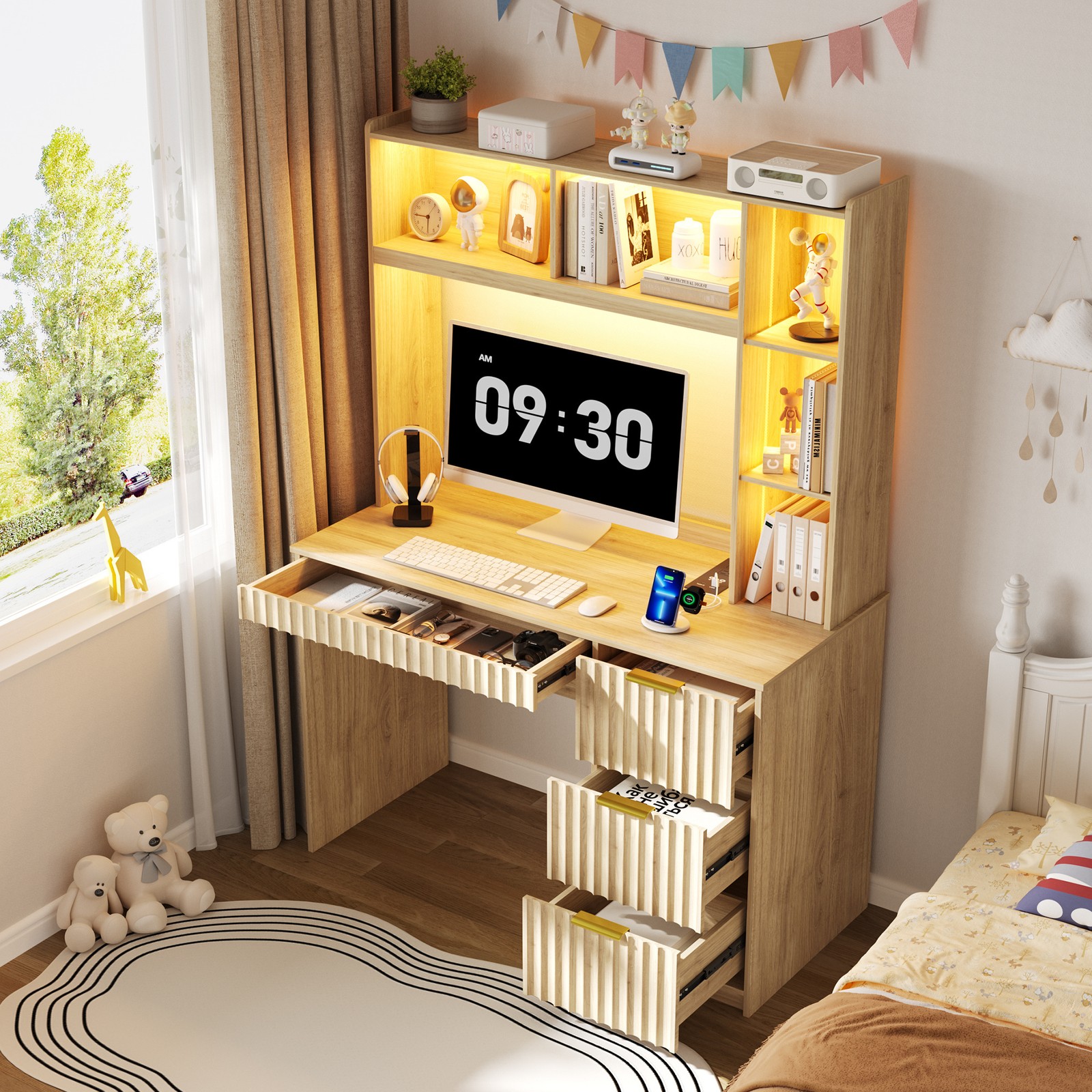 LED Study Desk with Hutch & Outlet, Home Office Desk with Card Lock, Natural