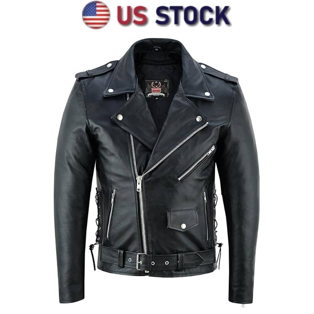 Men's Motorcycle Leather jacket Genuine Buffalo Skin Brando Style Black Biker