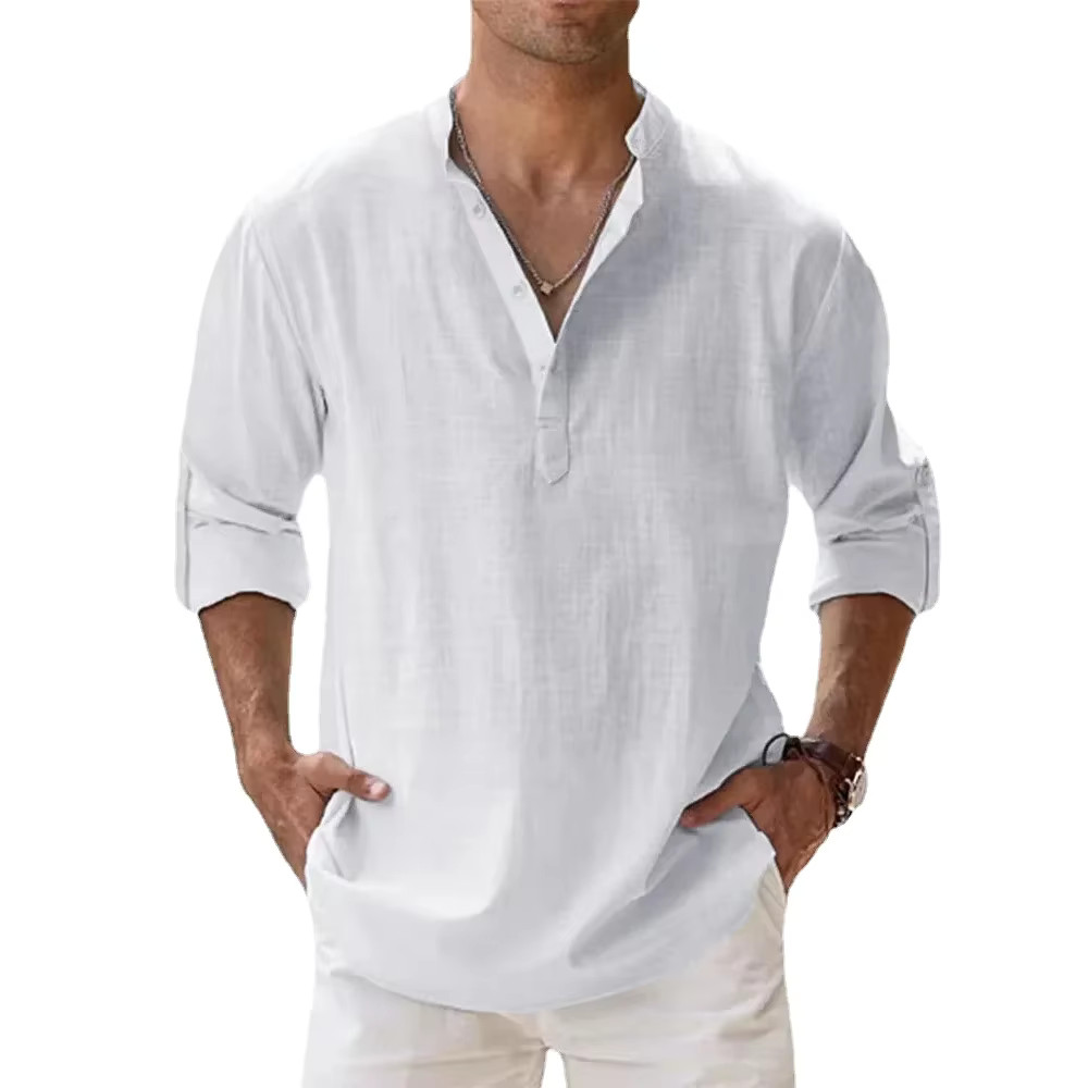 Men’s Cotton Linen Henley Shirt Summer Casual Beach Hawaiian Style Vacation Wear