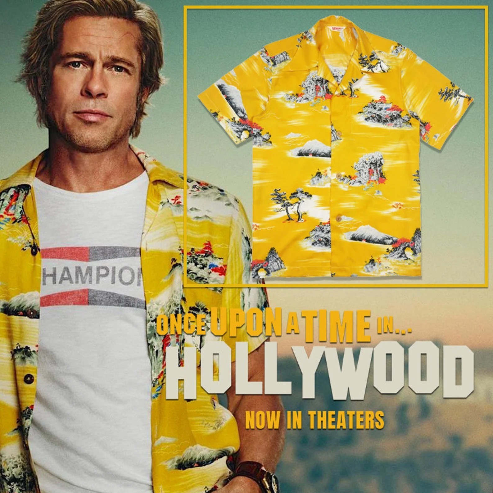 Brad Pitt Hawaiian Shirt Yellow Cliff Booth Style- Once Upon a Time in Hollywood