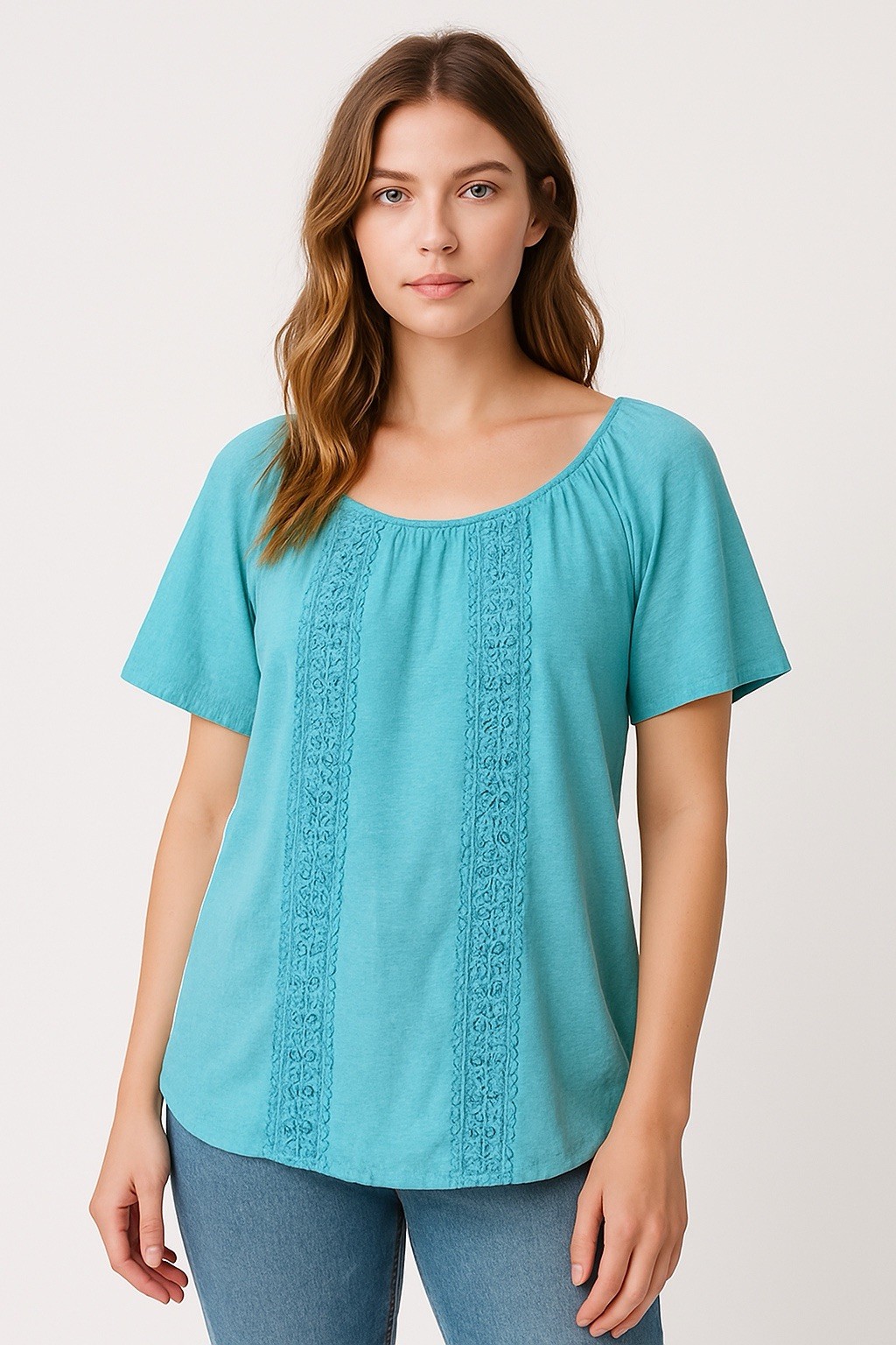 St. John’s Bay XL Turquoise Boho Peasant Blouse Lace Detail Short Sleeve Flowy