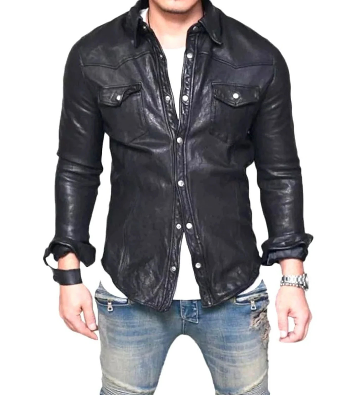 Men's Leather Shirt Real Lambskin Black Biker Leather Fashion Shirt Jacket
