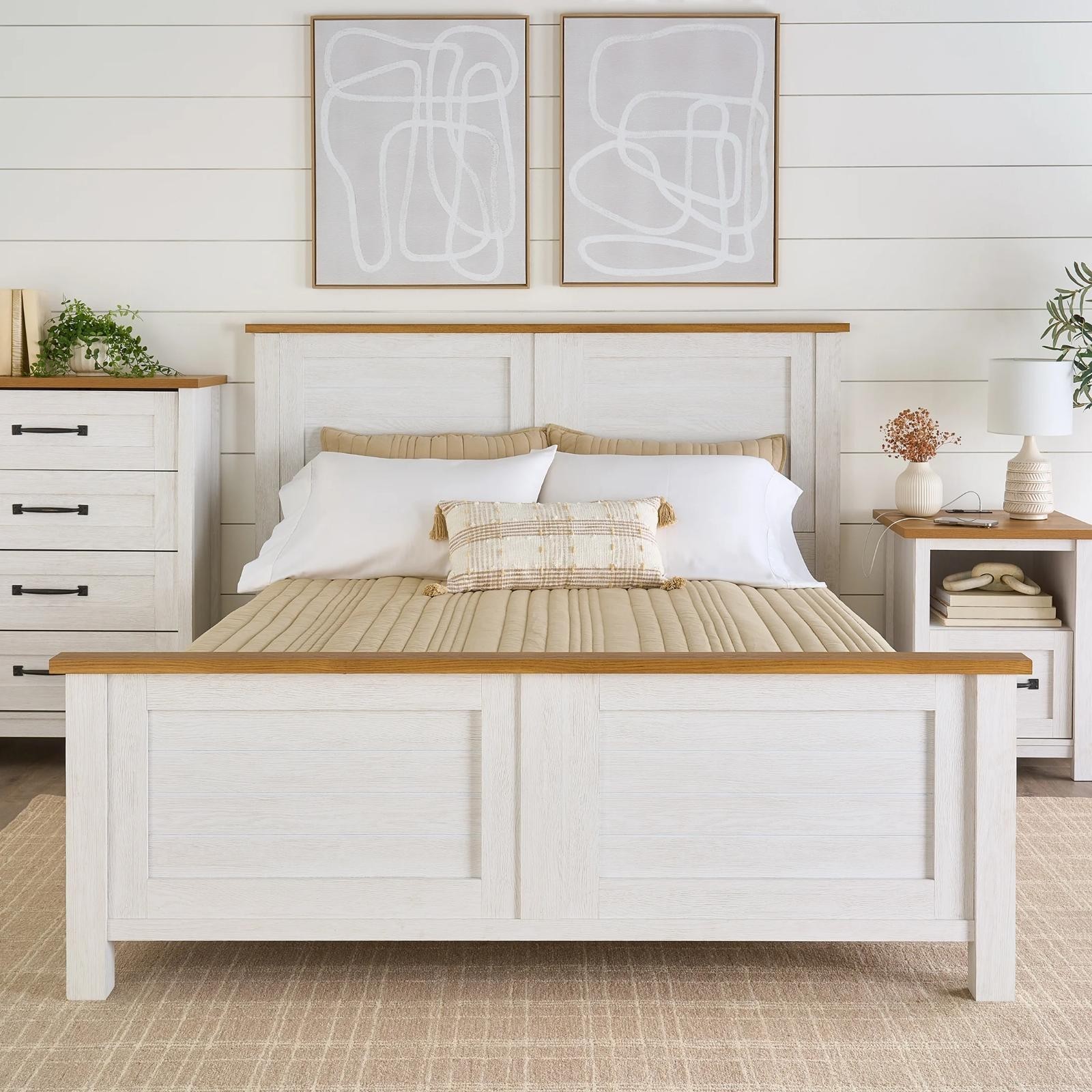 Modern Farmhouse Queen Platform Bed In Alabaster And Light Honey No Box Springs