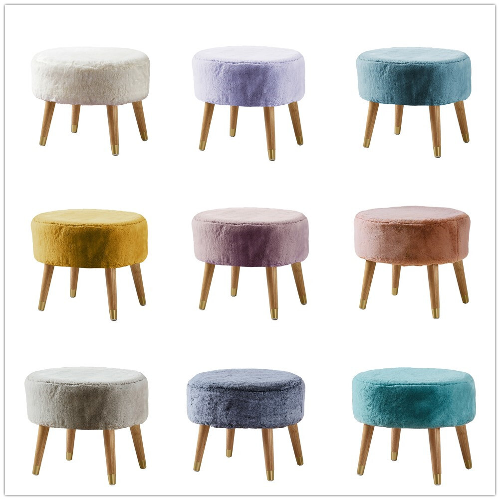 Modern Oval Faux Fur Ottoman Plush Padded Pouf w/ Wood Legs for Cozy Home Decor