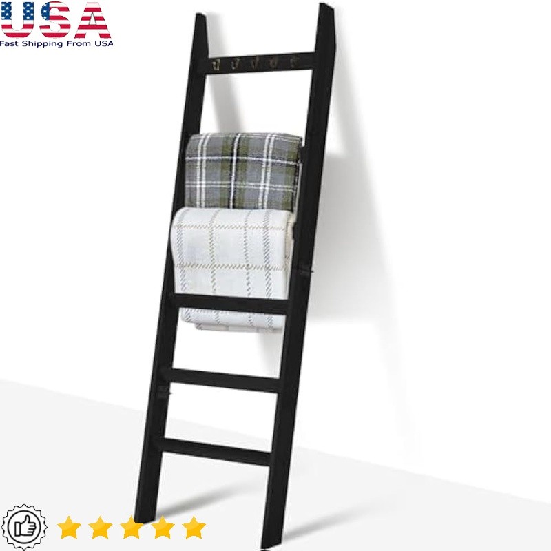 Pine Wood Blanket Ladder Display Shelf W/ Hooks Cozy Home Decor Storage New