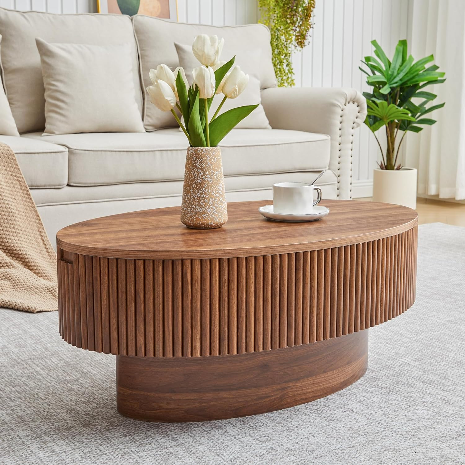 Oval Coffee Table with Hidden Storage, 31.5 Inch Wide Modern Coffee Table, Cente