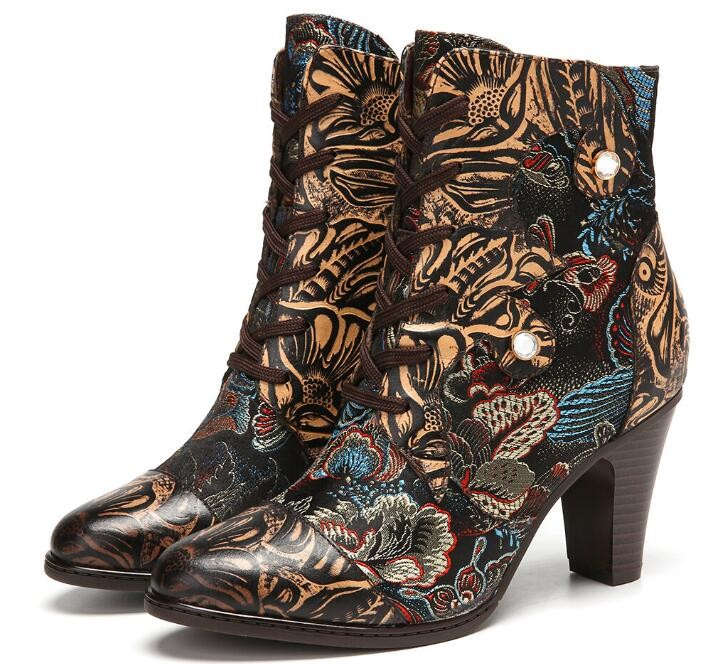 Chic Women Multicolor Round Toe Ankle Boots Leather Block Heels Beads Shoes	