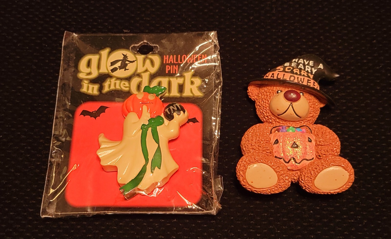 Lot of 2 Halloween Novelty Items: Glow in the Dark Ghoul Pin & Cute Bear Magnet