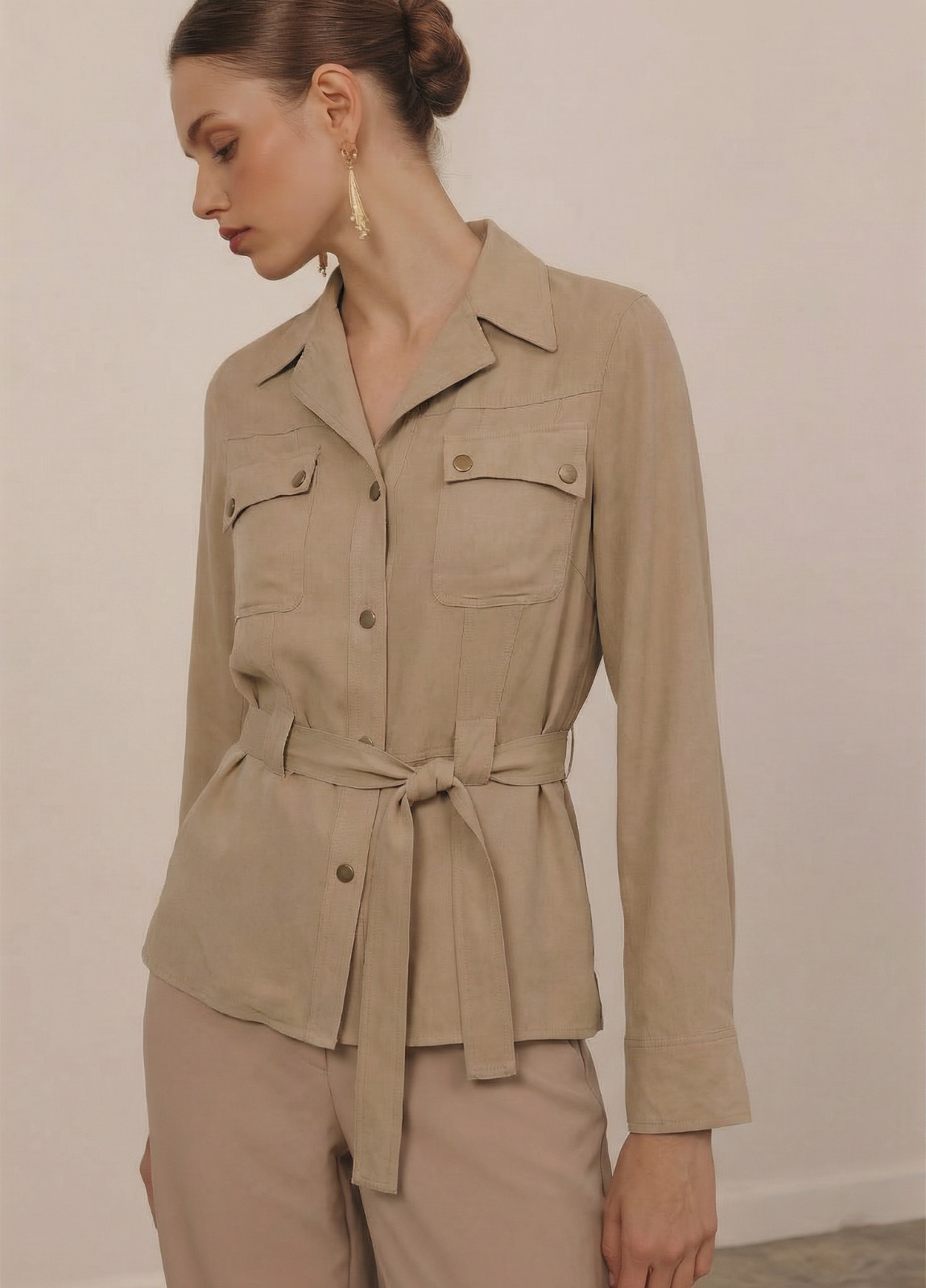Georgiou Studio Vintage 100% Silk Tan Belted Snap Front Lightweight Jacket Sz 6