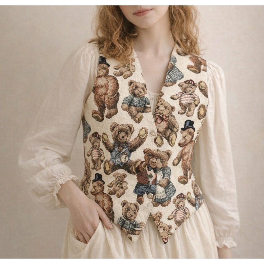 Vintage Women's Vest Tapestry Woven Waistcoat Bears Teddy Bear Teacher Whimsical