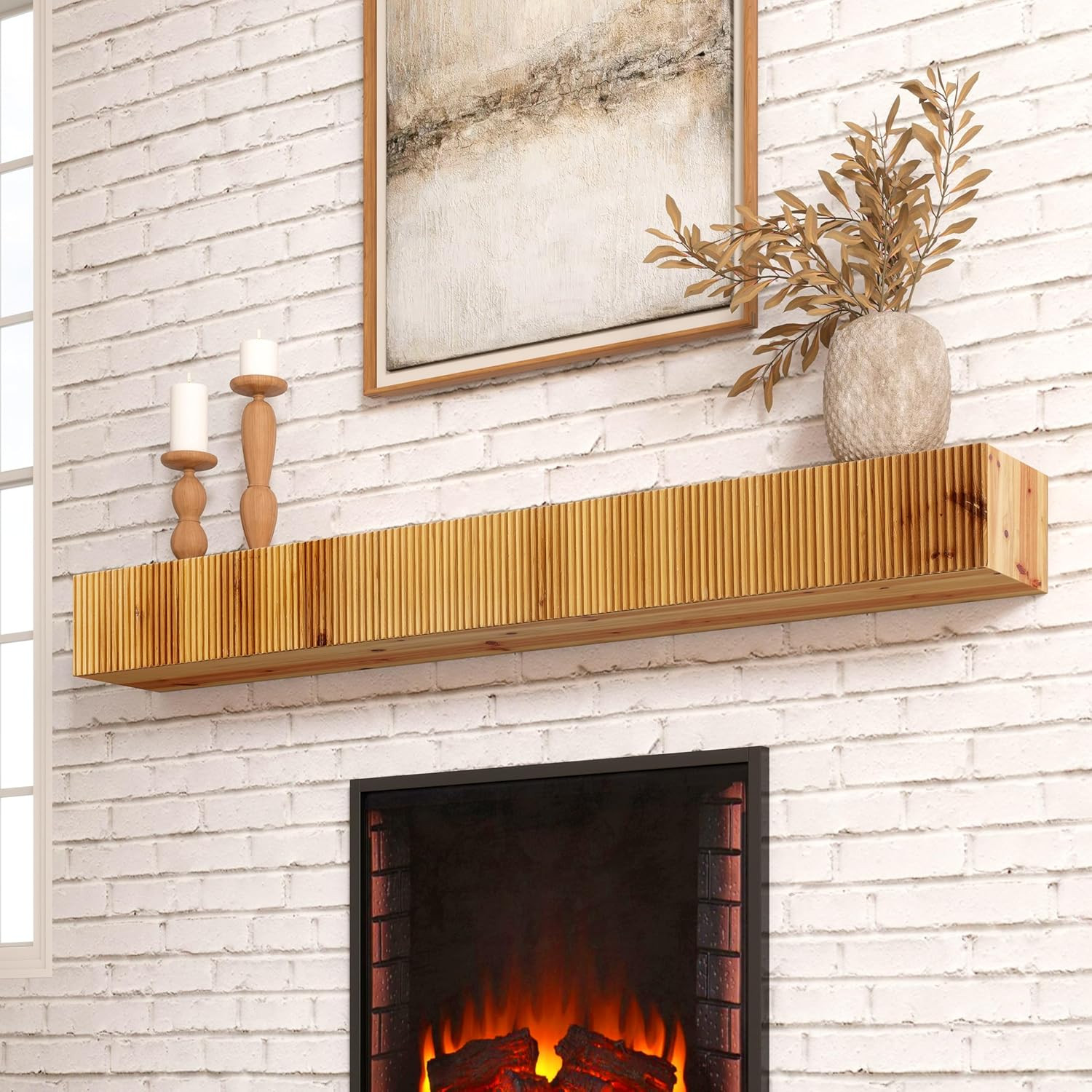 Fireplace Mantle, 60" Fluted Floating Mantel Shelf for over Fireplace or under T