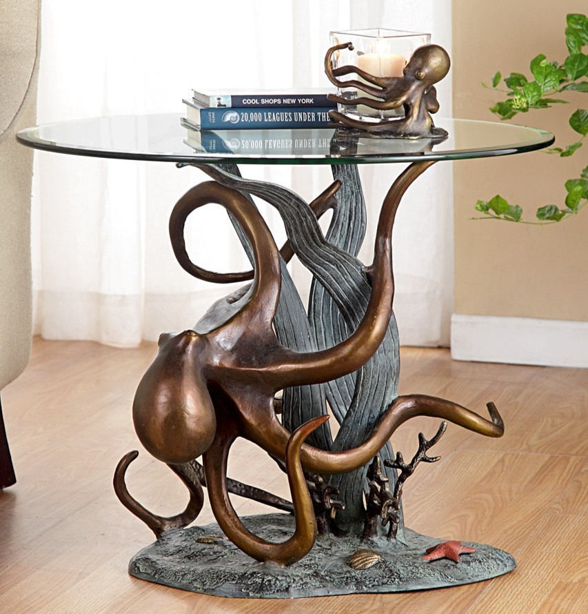 Octopus And Seagrass End-Side Table Aluminum Glass Home Decor-24''D x 21.5'''H