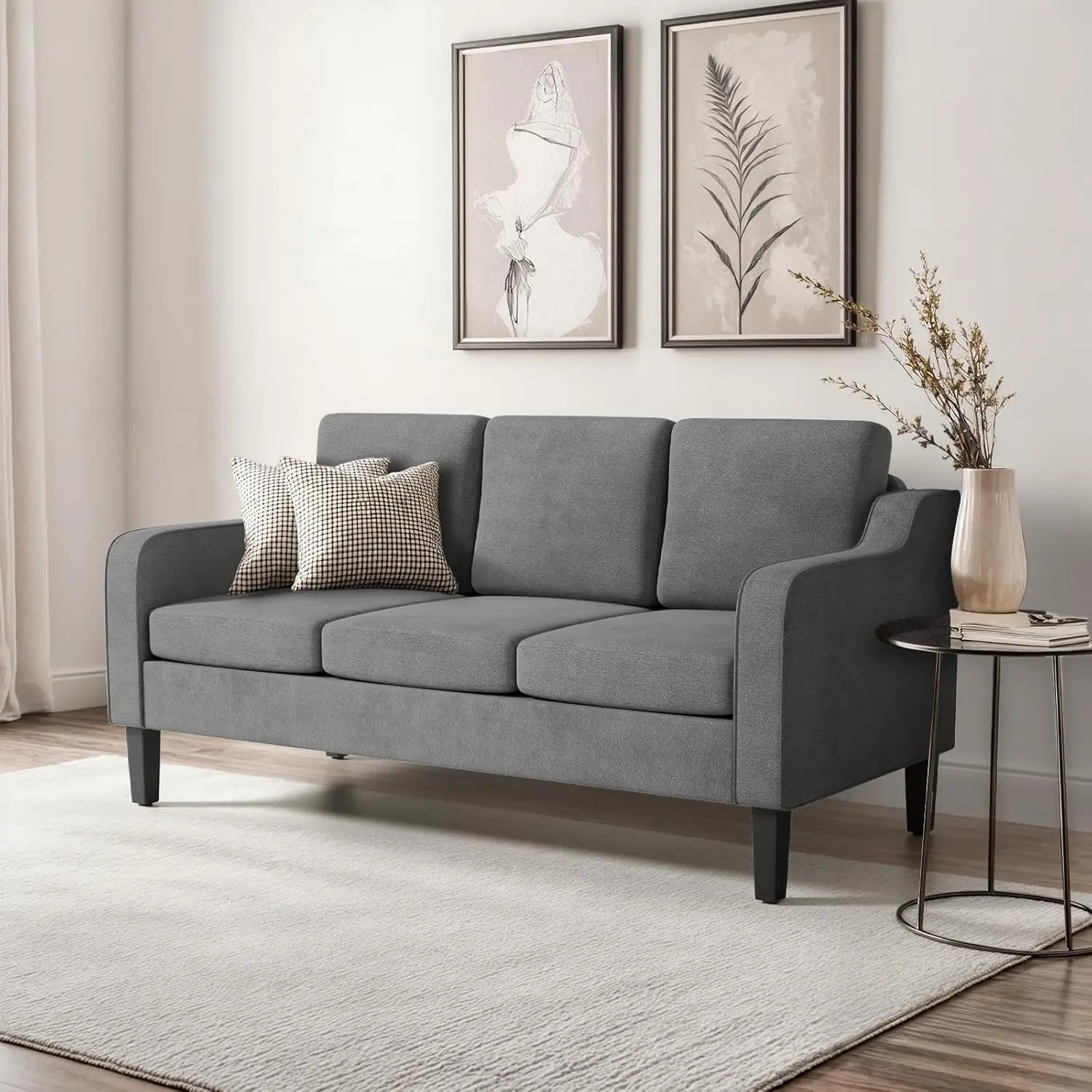 64” 3 Seat Sofa Gray Mid Century Couch Small Space Solid Wood 600lb