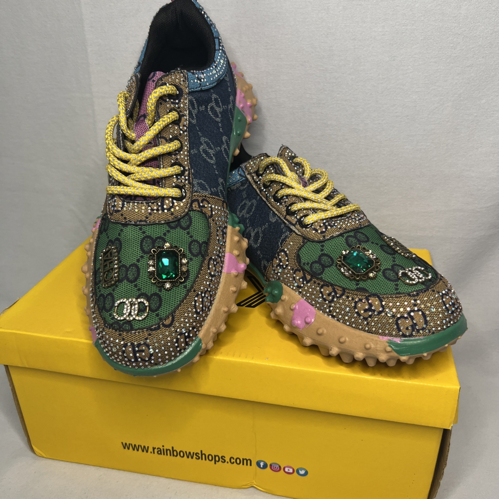 Taxi Colorful Mesh Rhinestone Bling Glitzy Streetwear Lace Up Sneakers Size 8.5