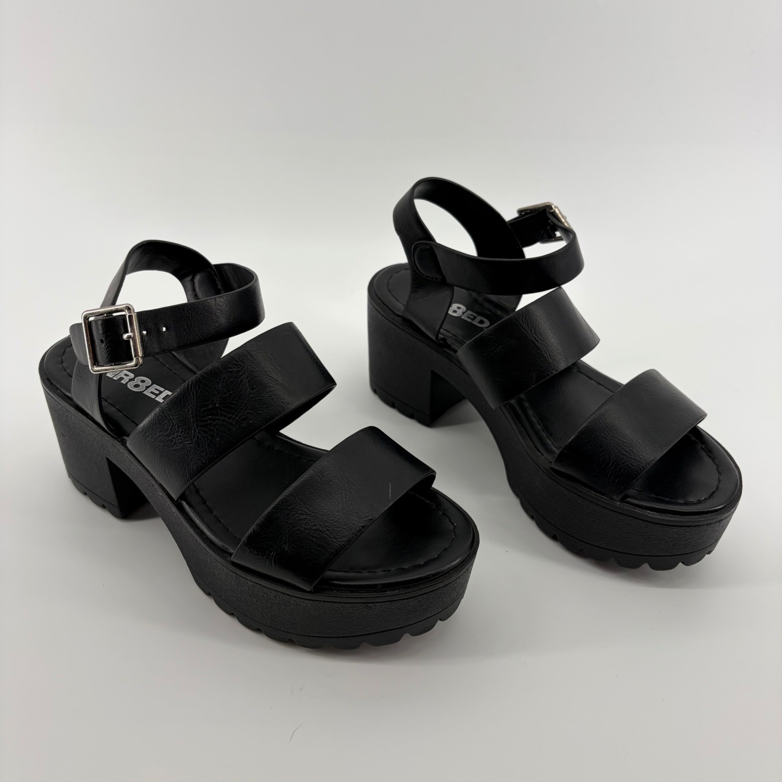 UNR8ED Platform Sandals Black Womens Size 6 Chunky Block Heel Lug Sole Strappy