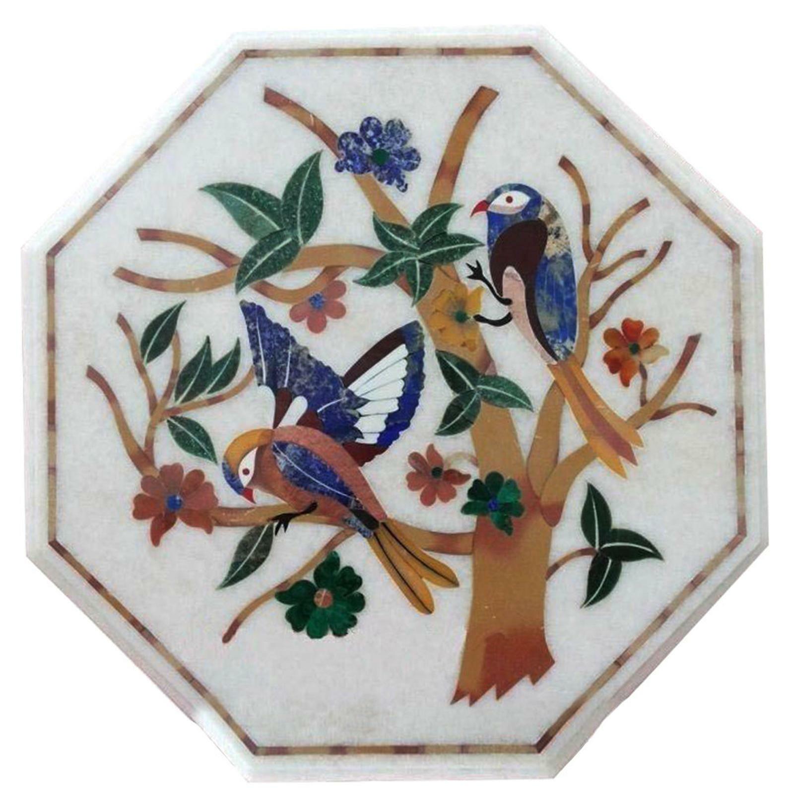 12'' antique white Marble Center wall Table Top bird Stone Inlay lapis w8