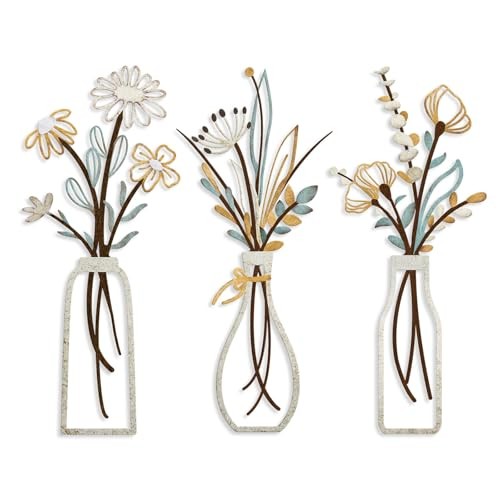 3 Pieces Metal Flowers Wall Art- Rustic Farmhouse Decor Minimalist Beige Gold