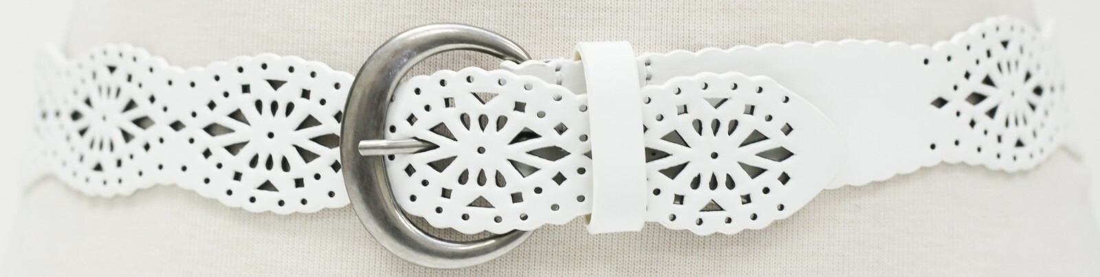 Women's White Ornate Hole Punched Pattern Elegant Dress Designed Fashioned Belts