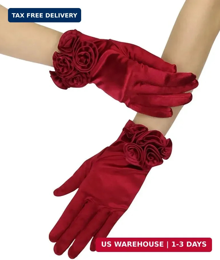 Short Satin Floral Gloves Elegant Wedding Dress Gloves for Opera Dinner Party Ac