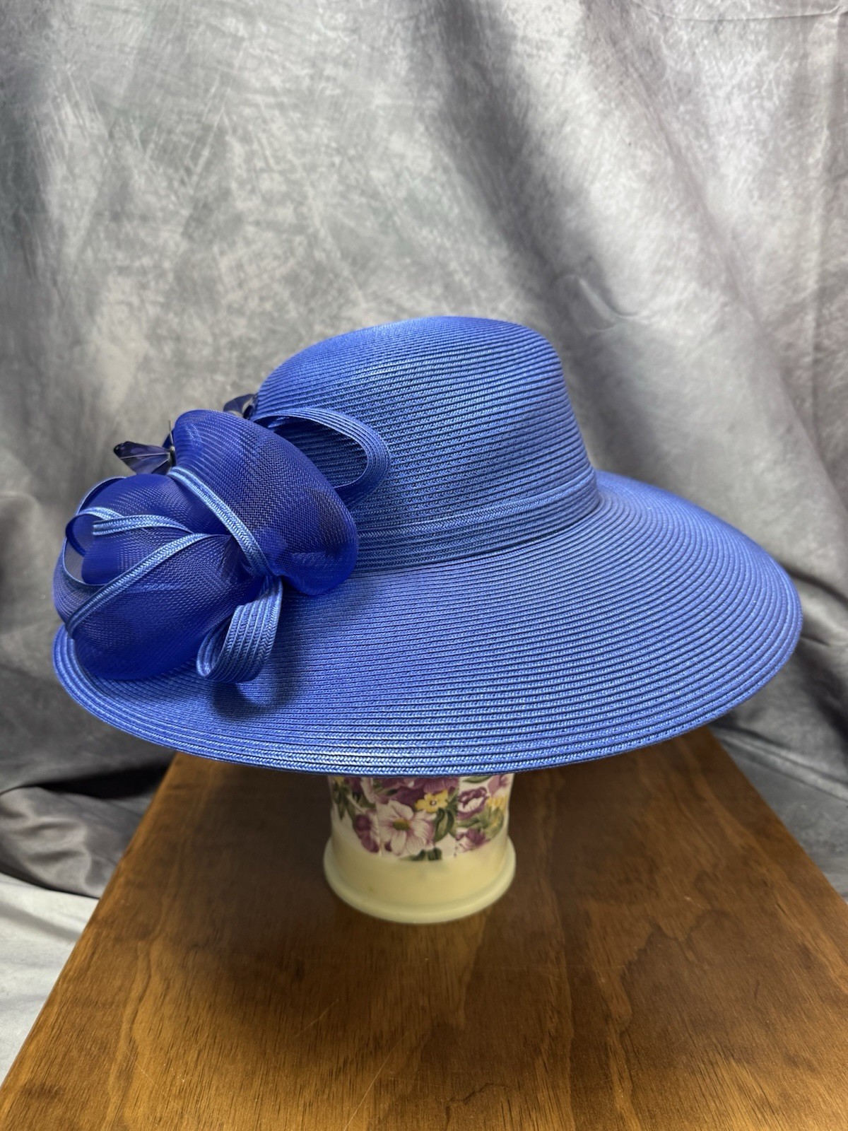 Blue Wide Brim Church Hat Butterfly Accent August Accessories