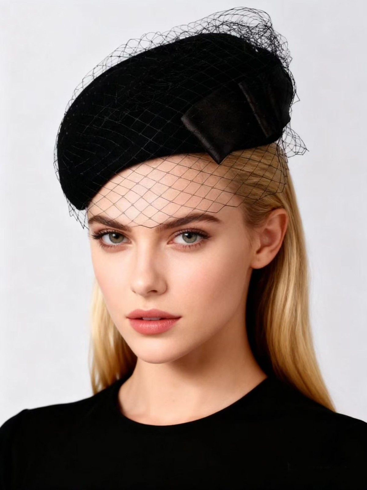 Black Wool Felt Fascinator Hats For Women Tea Party Church Hat With Bow Veil