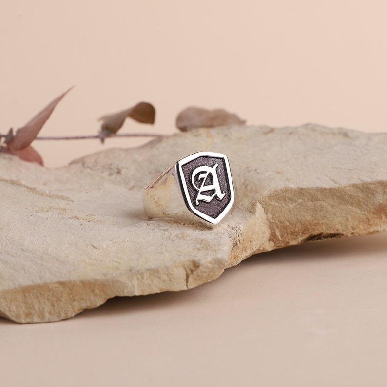 Custom Initial Shield Ring Sterling Silver Gothic Signet Personalized Gift