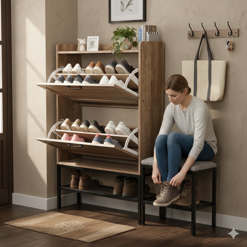 Slim Retro Grey Shoe Cabinet w/Padded Bench Flip-down Entryway Storage Organizer