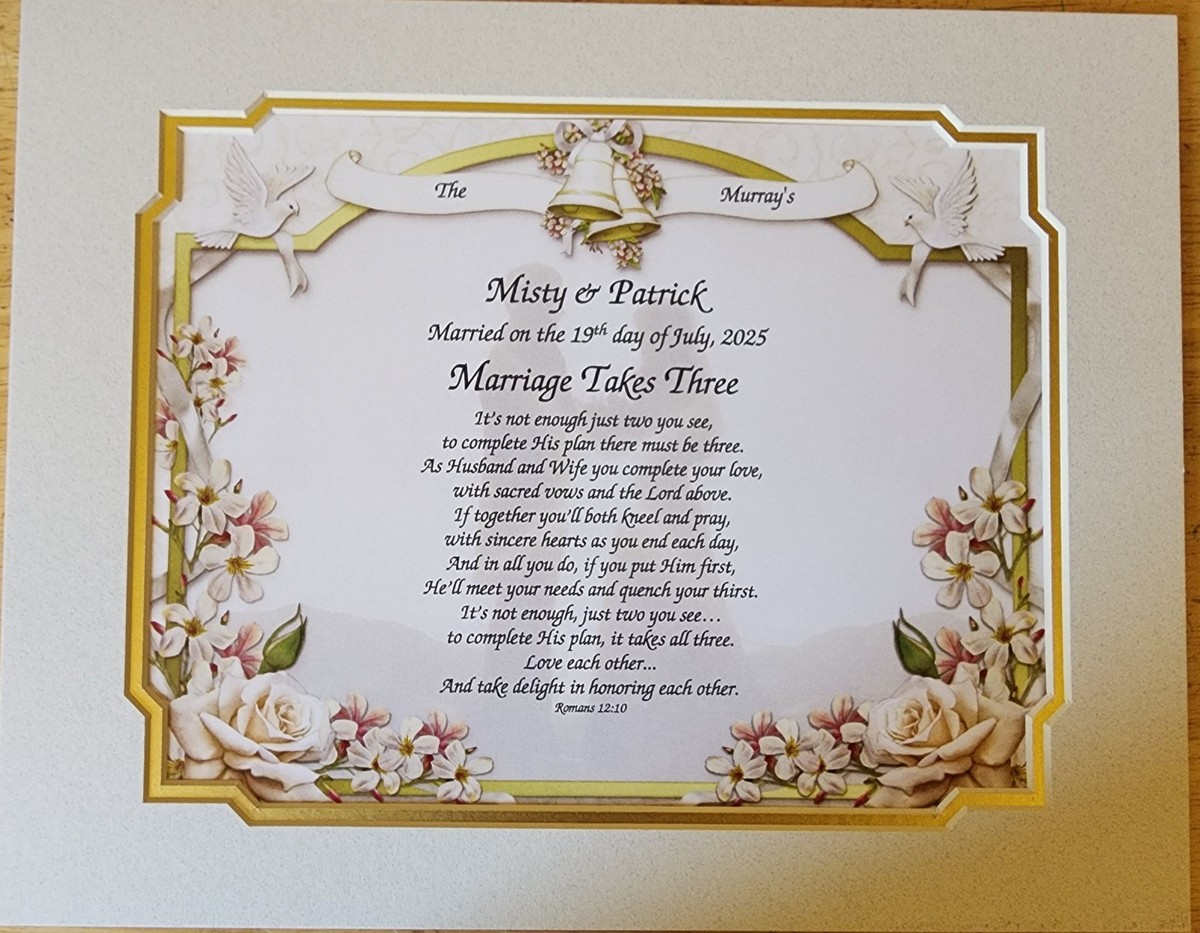 Personalized Poetry Gift "Marriage Takes Three" on Wedding Vows Background 