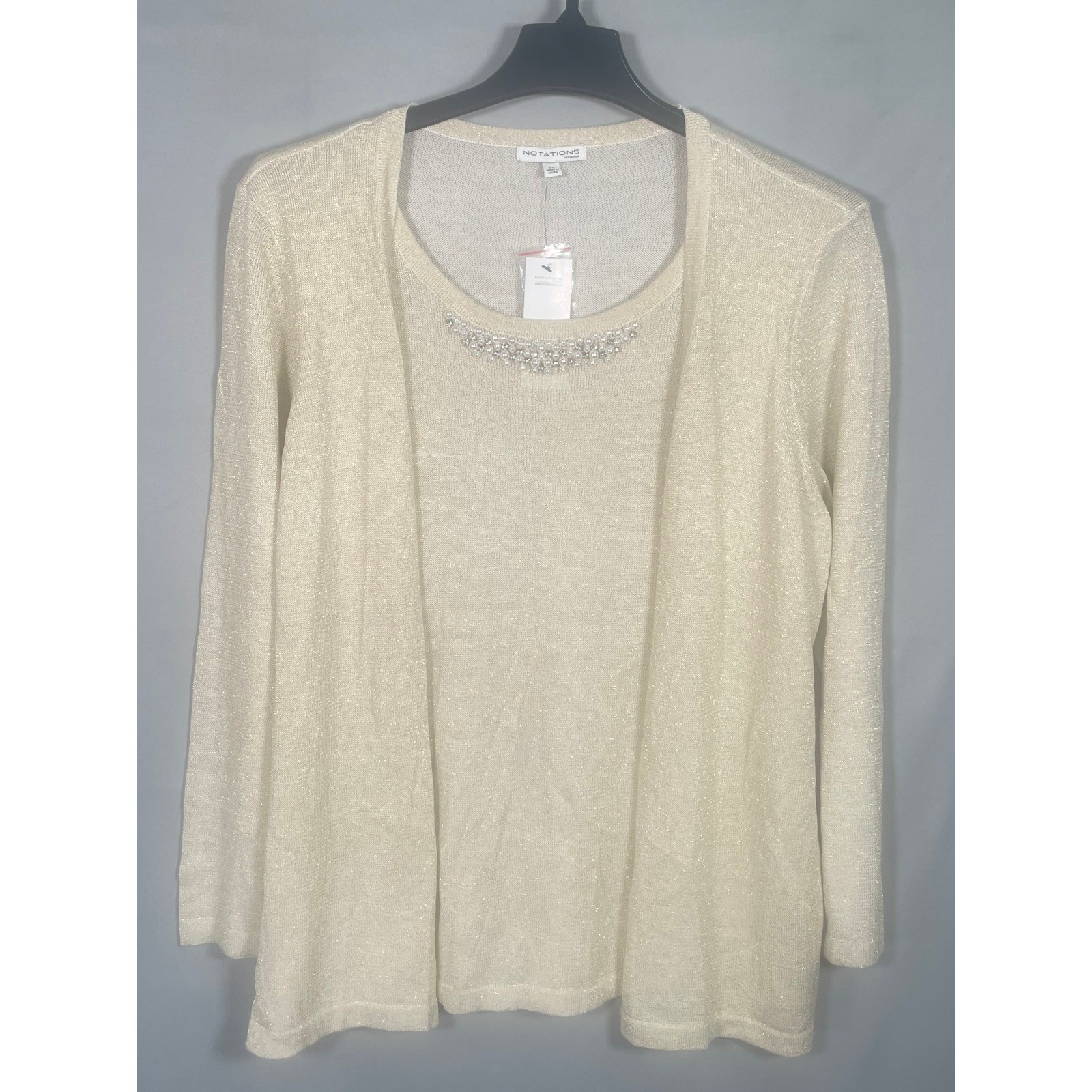 Notations Woman Gold Shimmer Pearl Beaded Twin Set Cardigan Shell WSOF0514 New