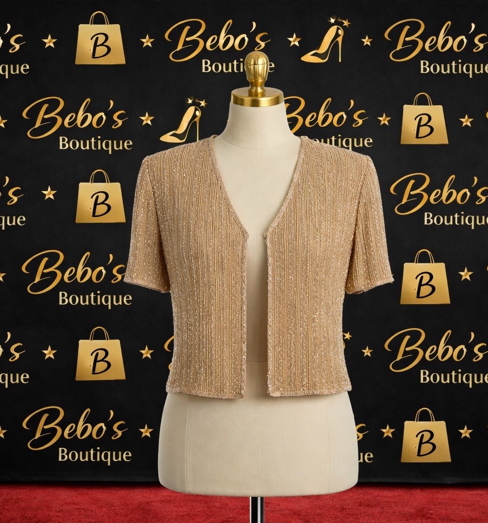 Vtg NaLi Beaded Silk Lined Evening Cardigan Top Large Champagne Short Sleeve