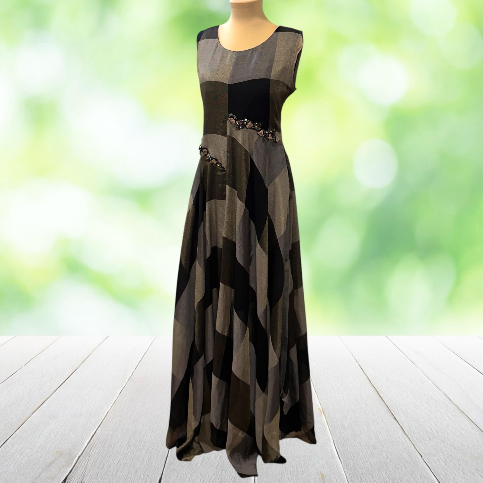 IN LOOK Maxi Dress Beaded Sequin Geometric Black Gold Evening Gown Size M NWT