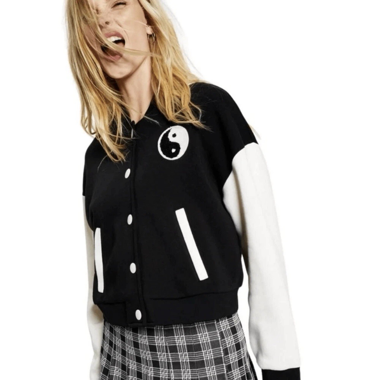 Hippie Rose Black White Yin and Yang Bomber Varsity Jacket Womens Juniors Small