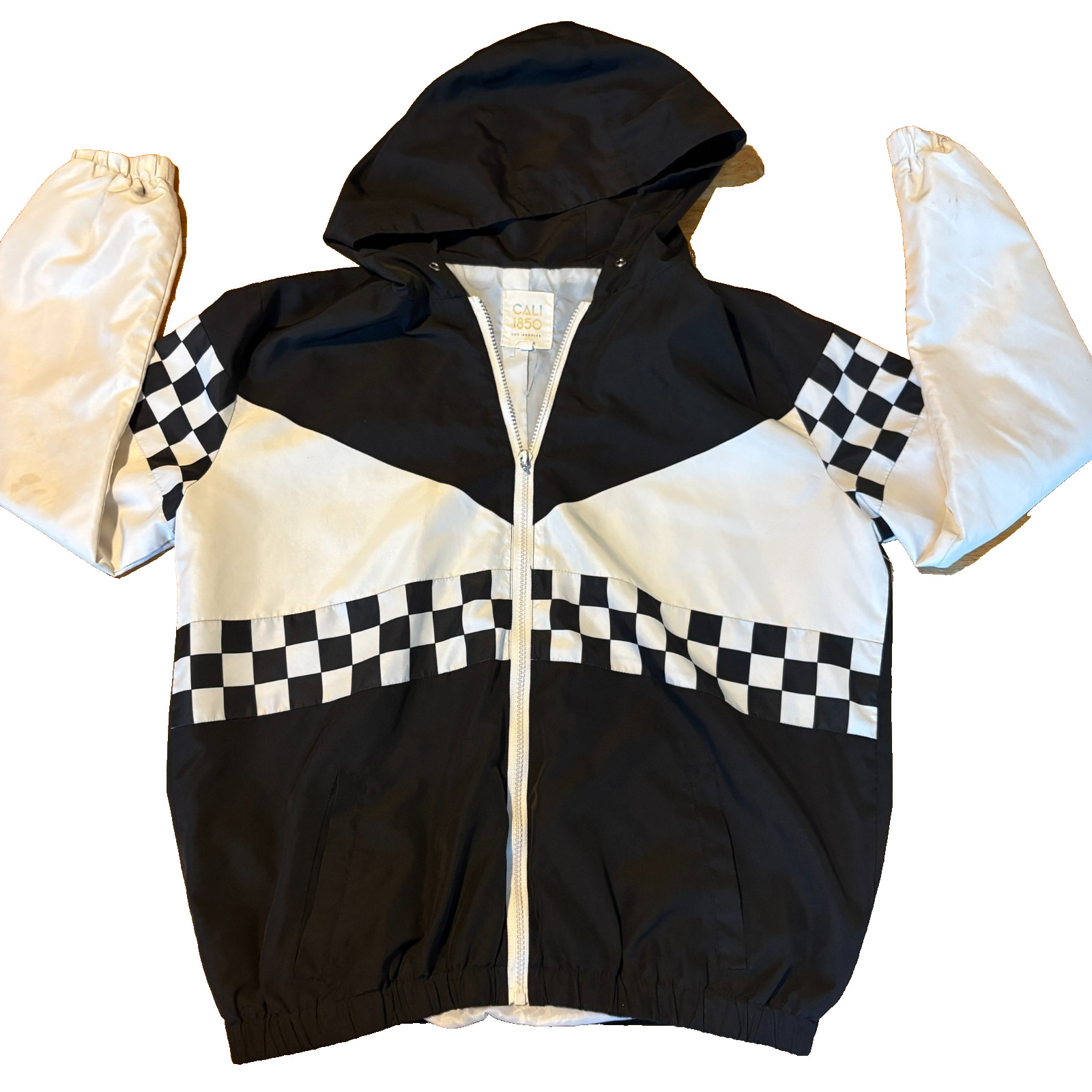 Cali 1850 Jacket Womens Medium Black White Checkerboard Hooded Wind Y2K Retros