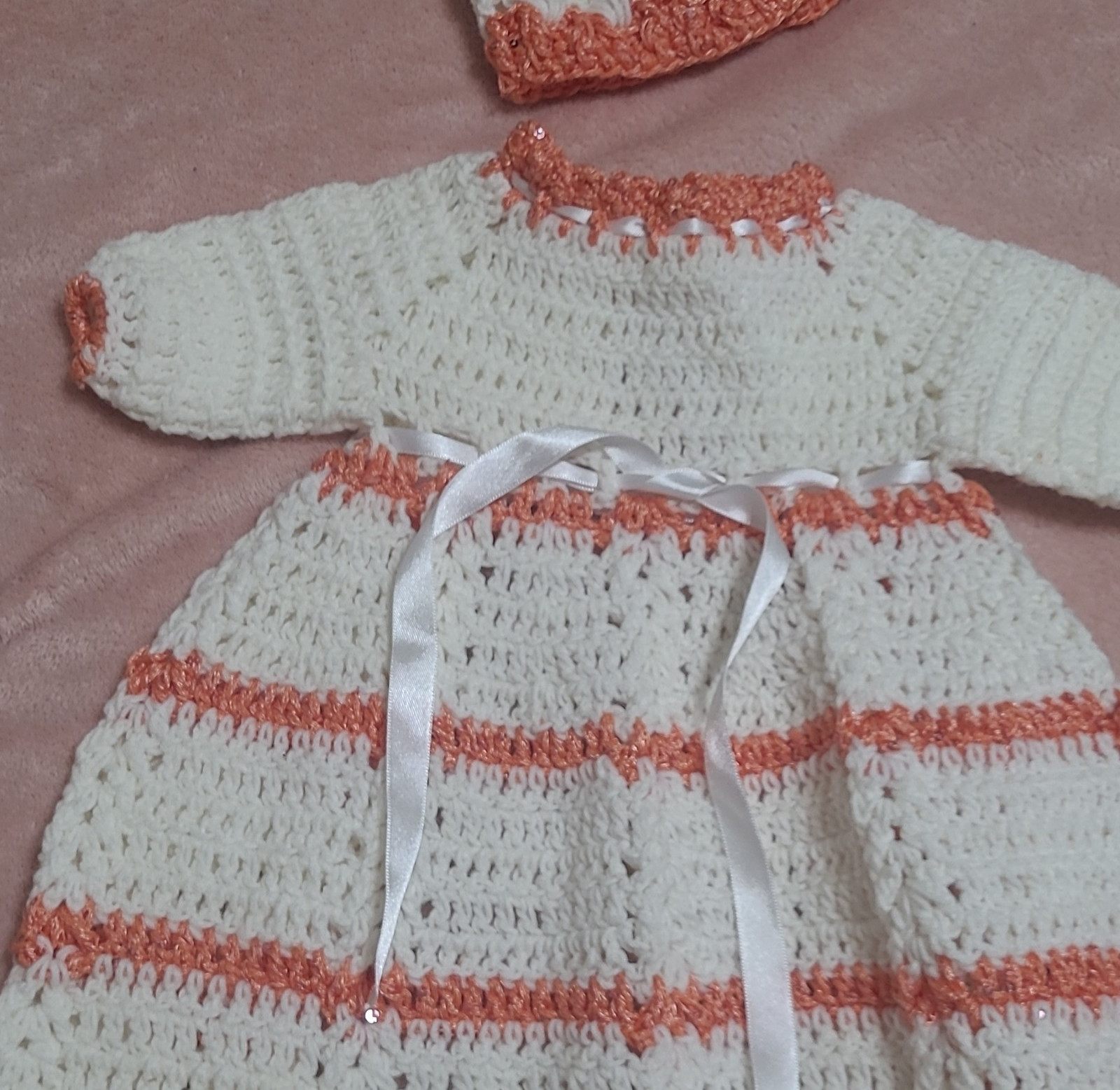 Hand Knitted Striped Crochet Preemie Dress & Hat Set White Orange Long Sleeve