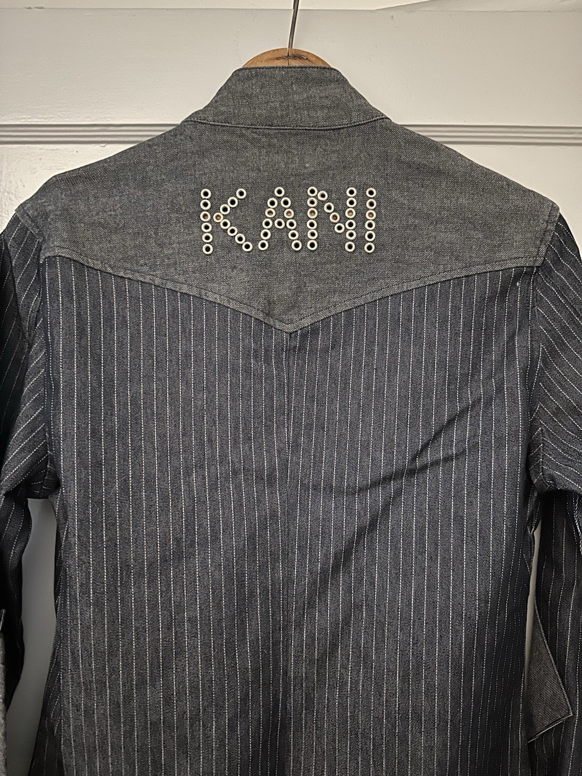 Y2K Karl Kani Women’s Pinstripe Denim Jacket XL Streetwear Hip Hop Logo