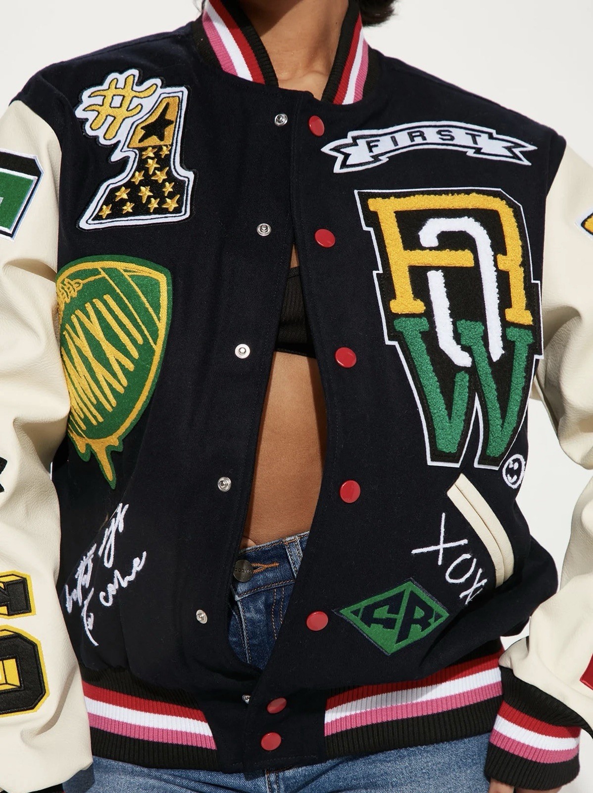 First Row Women's Varsity Patchwork Jacket Black Cream Patches Embroidered M