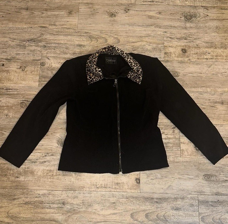 Women’s Black Faux Suede Jacket Leopard Print Collar Y2K Streetwear Size M
