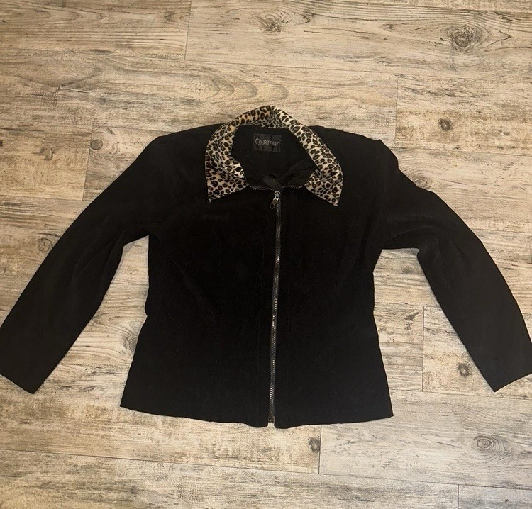Women’s Black Faux Suede Jacket Leopard Print Collar Y2K Streetwear Size M