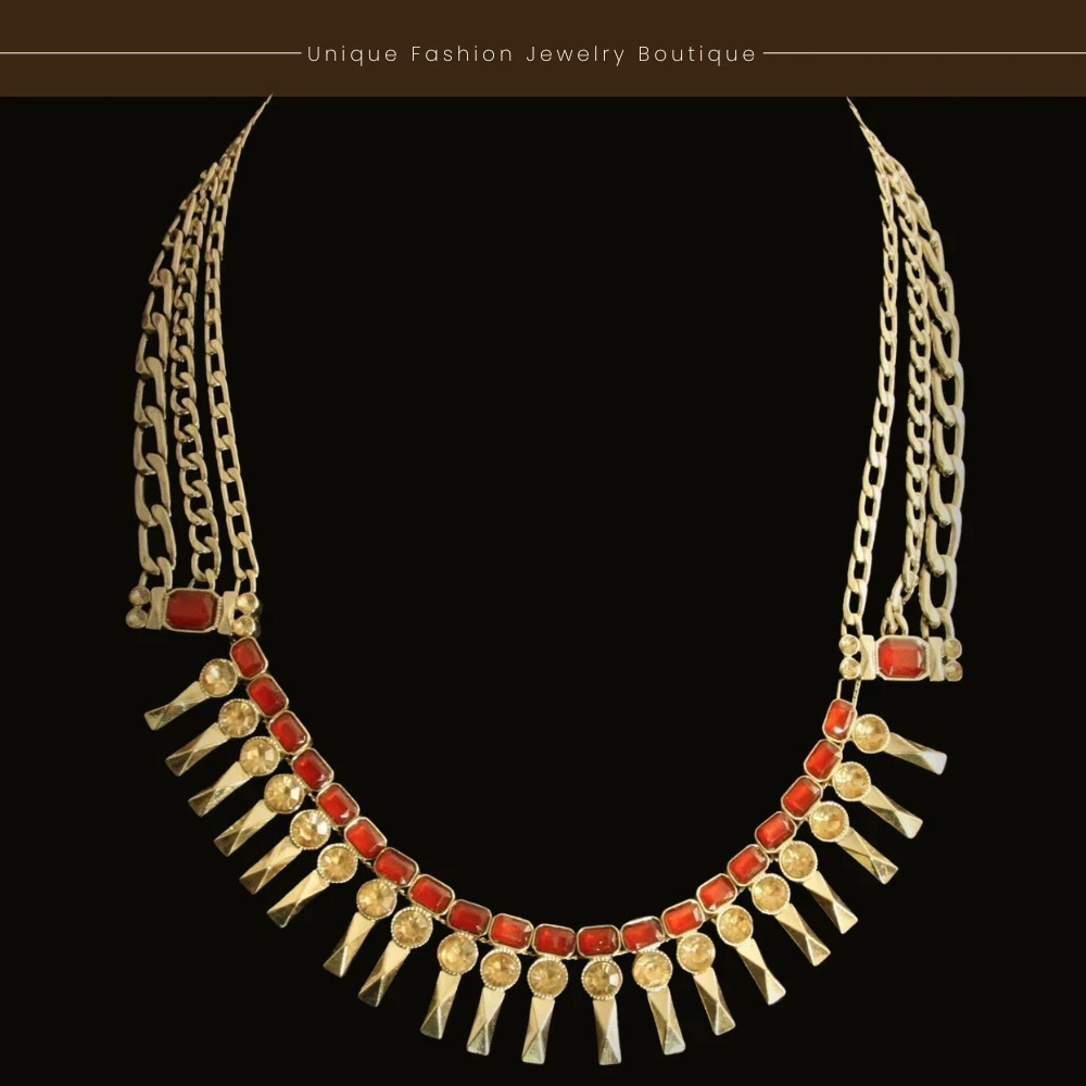 Jessica Simpson Signed Dark Red & Topaz Crystal Gold Chain Toggle Necklace Gift