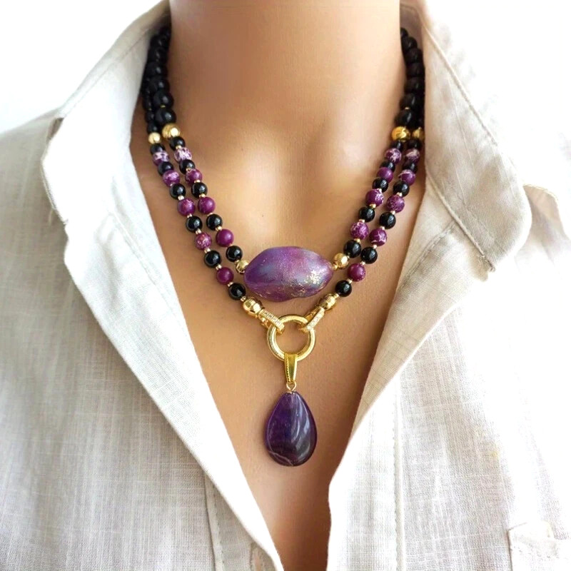 Purple Boho Natural Stone Bead Necklace Amethyst Pendant  Ladies Unique Gift New