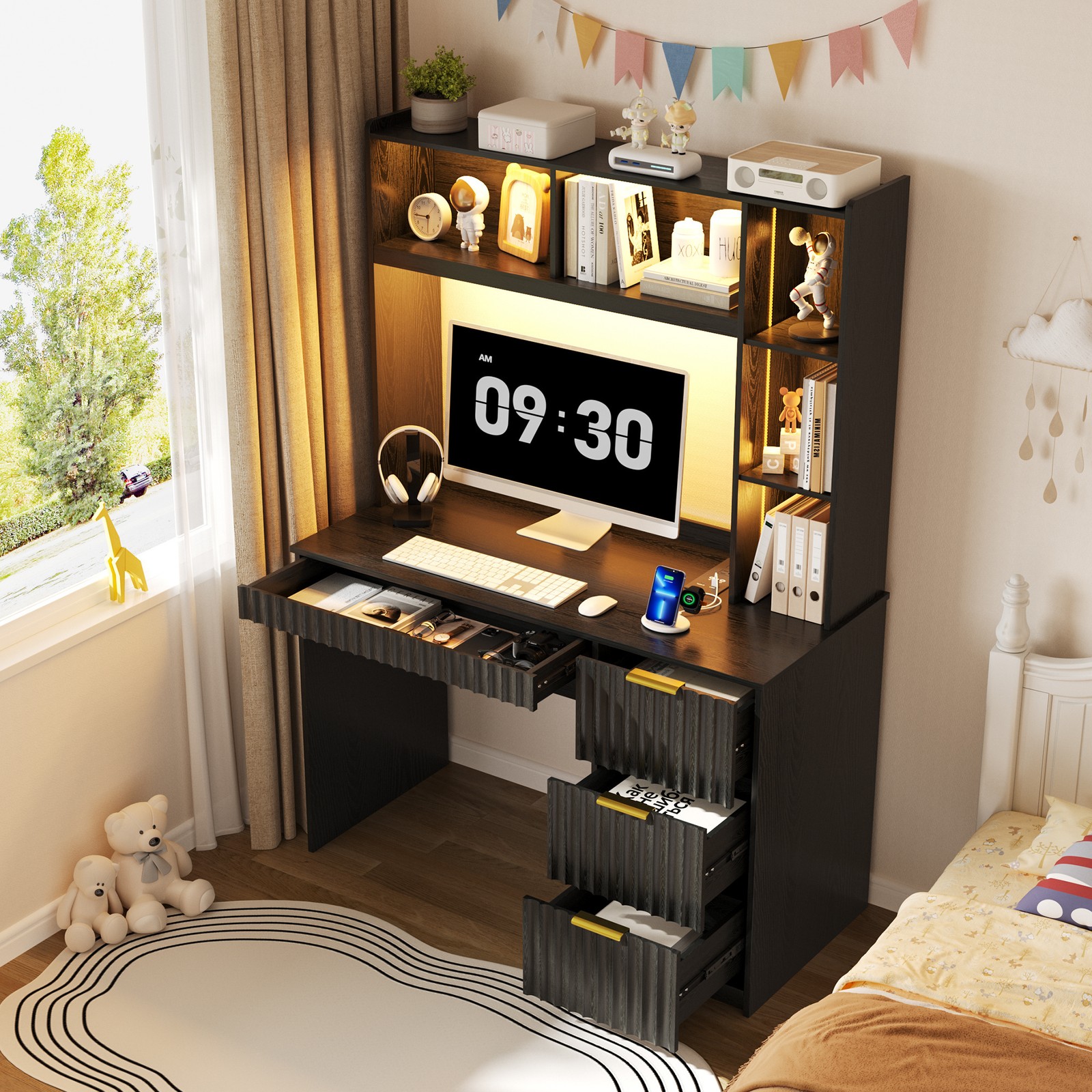 LED Study Desk with Hutch & Power Outlet, Home Office Desk with Card Lock, Black