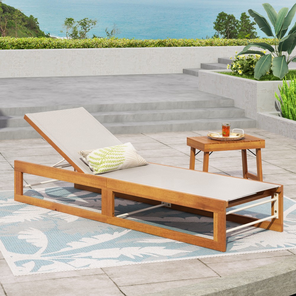 Teak Finish Acacia Wood Outdoor Chaise Lounge with Textilene Mesh Seating