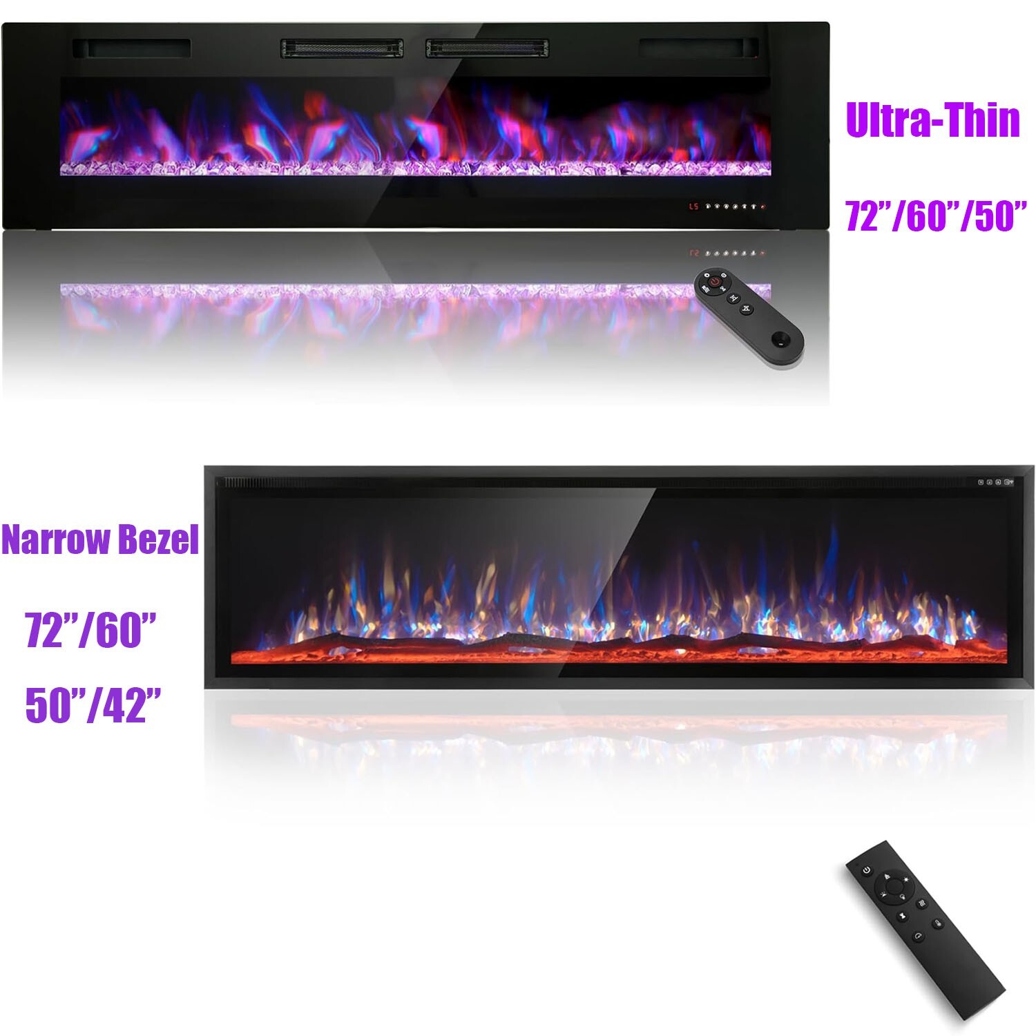 72" 60" 50" 42" Electric Fireplace Wall Mounted & Recessed Fireplace Heater