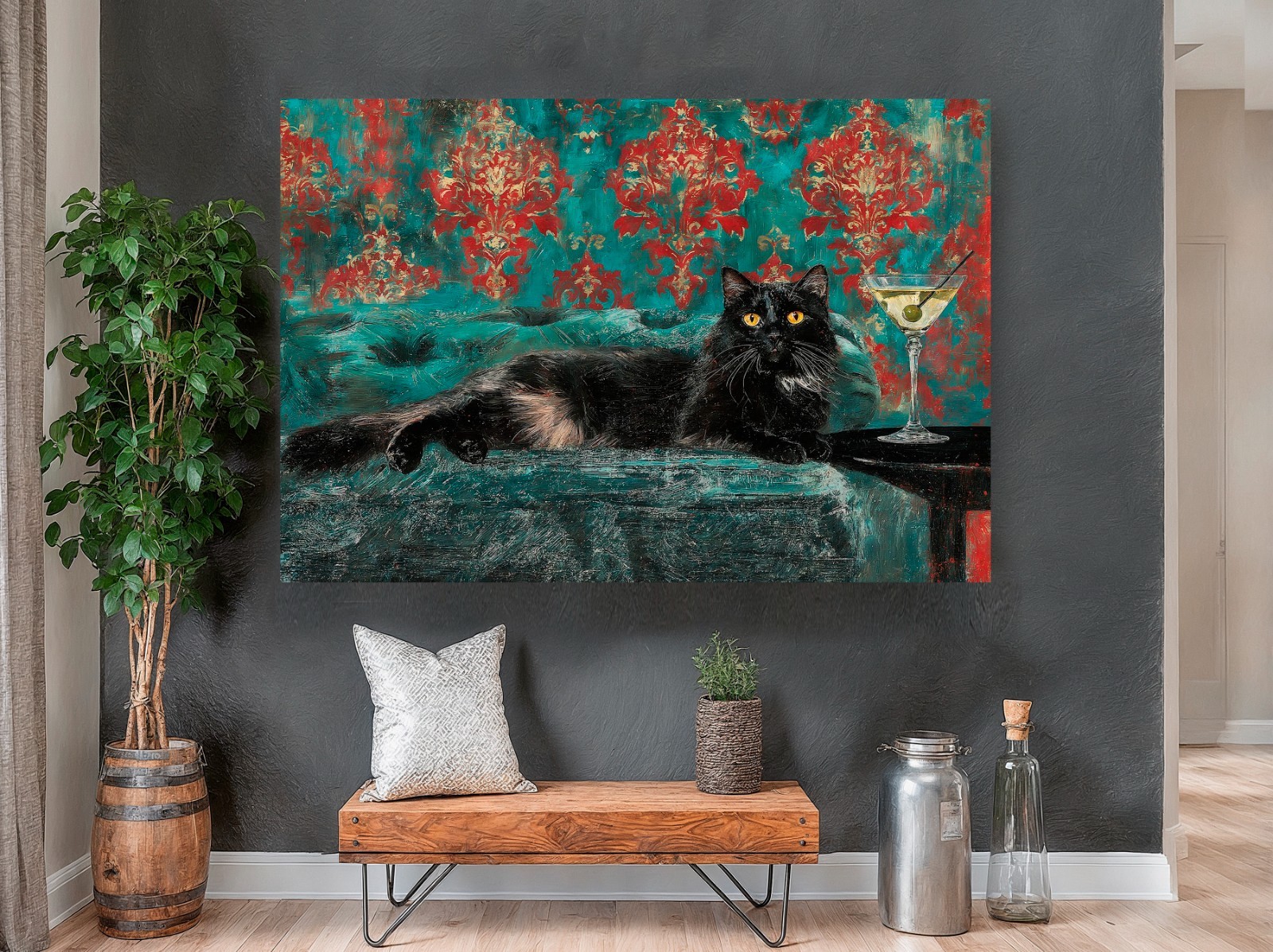 Black Cat with Martini Canvas Art Print, Vintage Quirky Whimsical Cocktail Art