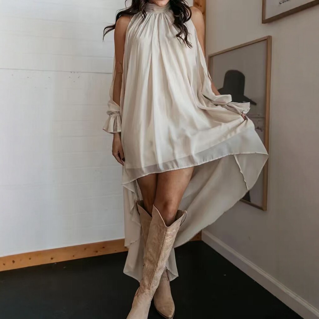 Women’s High Neck Irregular Chiffon Dress Elegant Flowy Midi Party Dress