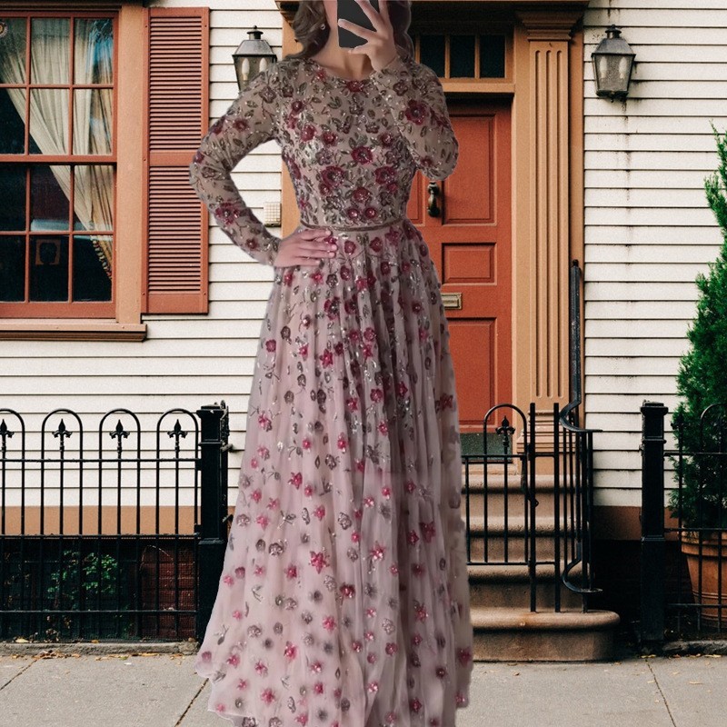 Women’s Slim Fit Long Sleeve Belted Maxi Dress Figure Hugging Elegant Evening Ou