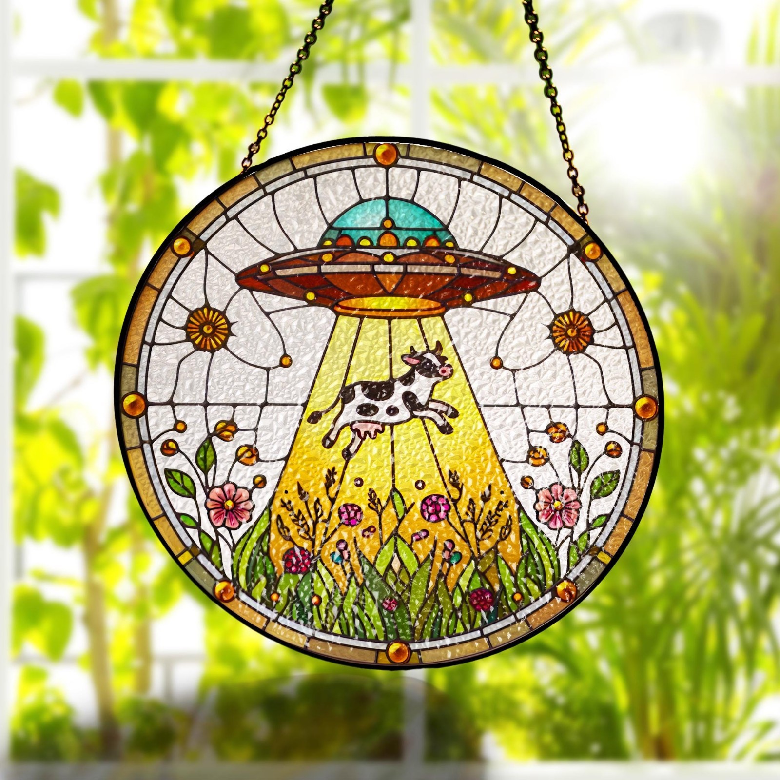 Funny UFO Abducted Cow Suncatcher: Quirky Farmhouse Window Hanging